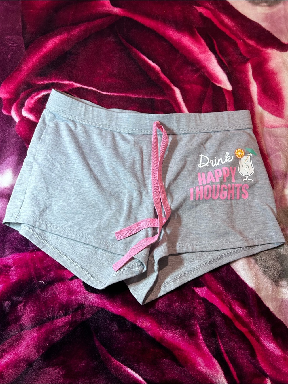 Bobbie Brooks Gray Lounge Shorts with Pink Drawstring and Graphic